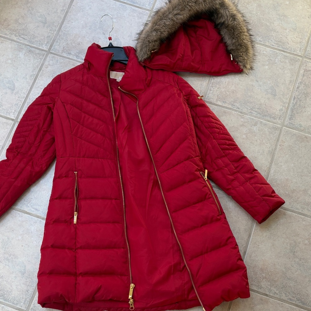 Michael by Michael Kors Red Quilted Puffer Coat with Removable Faux Fur Hood